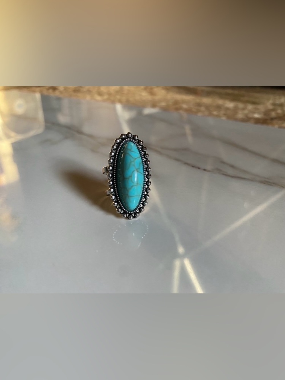 Turquoise Oval Statement Ring - Silver Beaded Setting